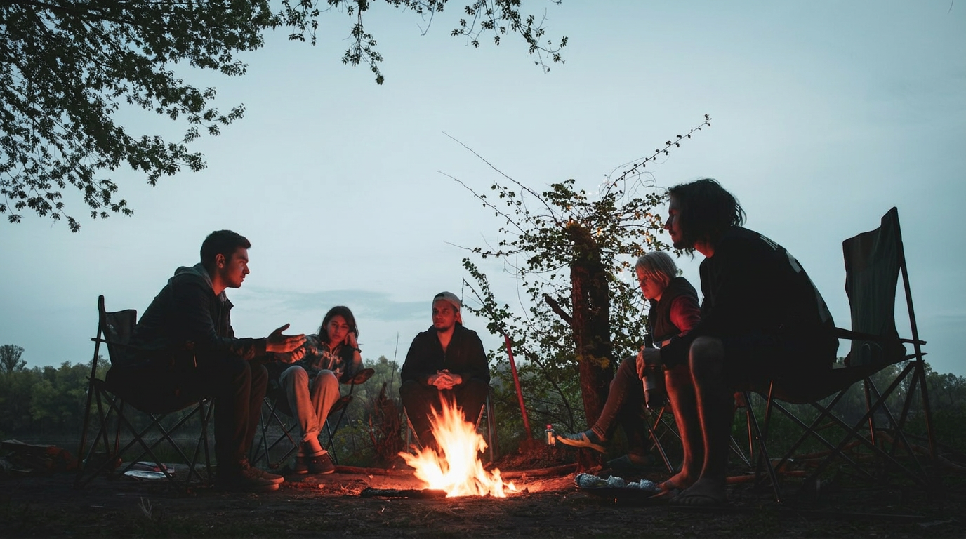 People talking and listening in a circle around a campfire